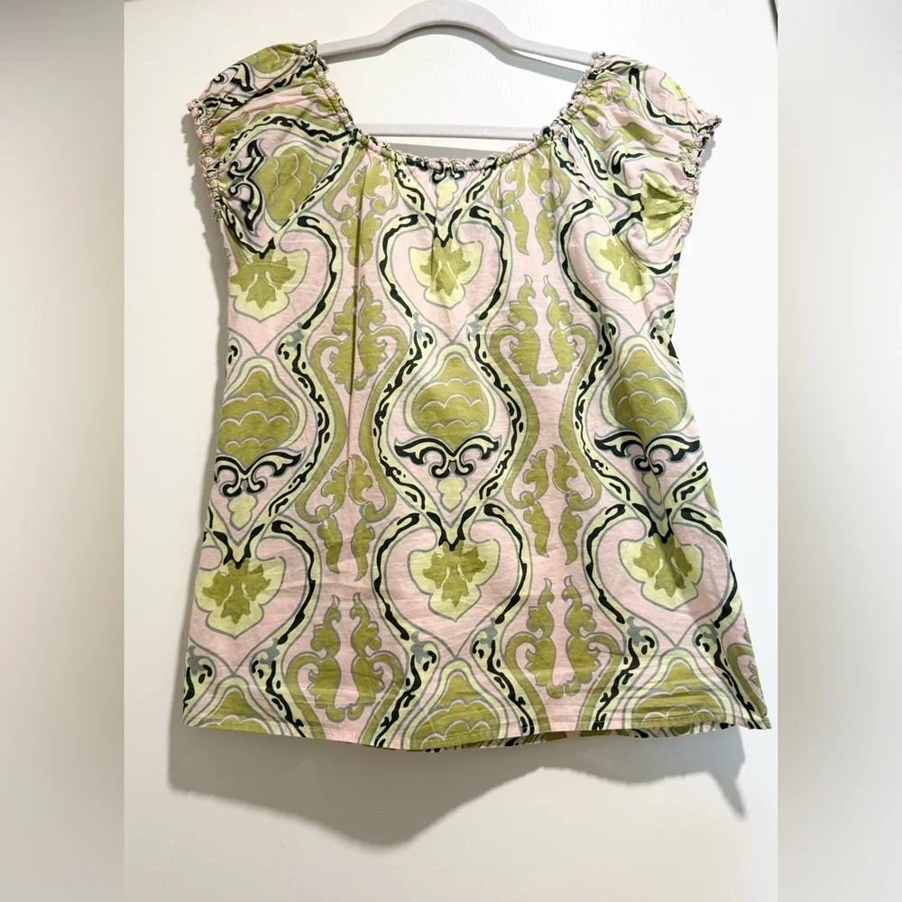 J.Crew Green & Pink Printed Smocked Top – Size S – 100% Cotton